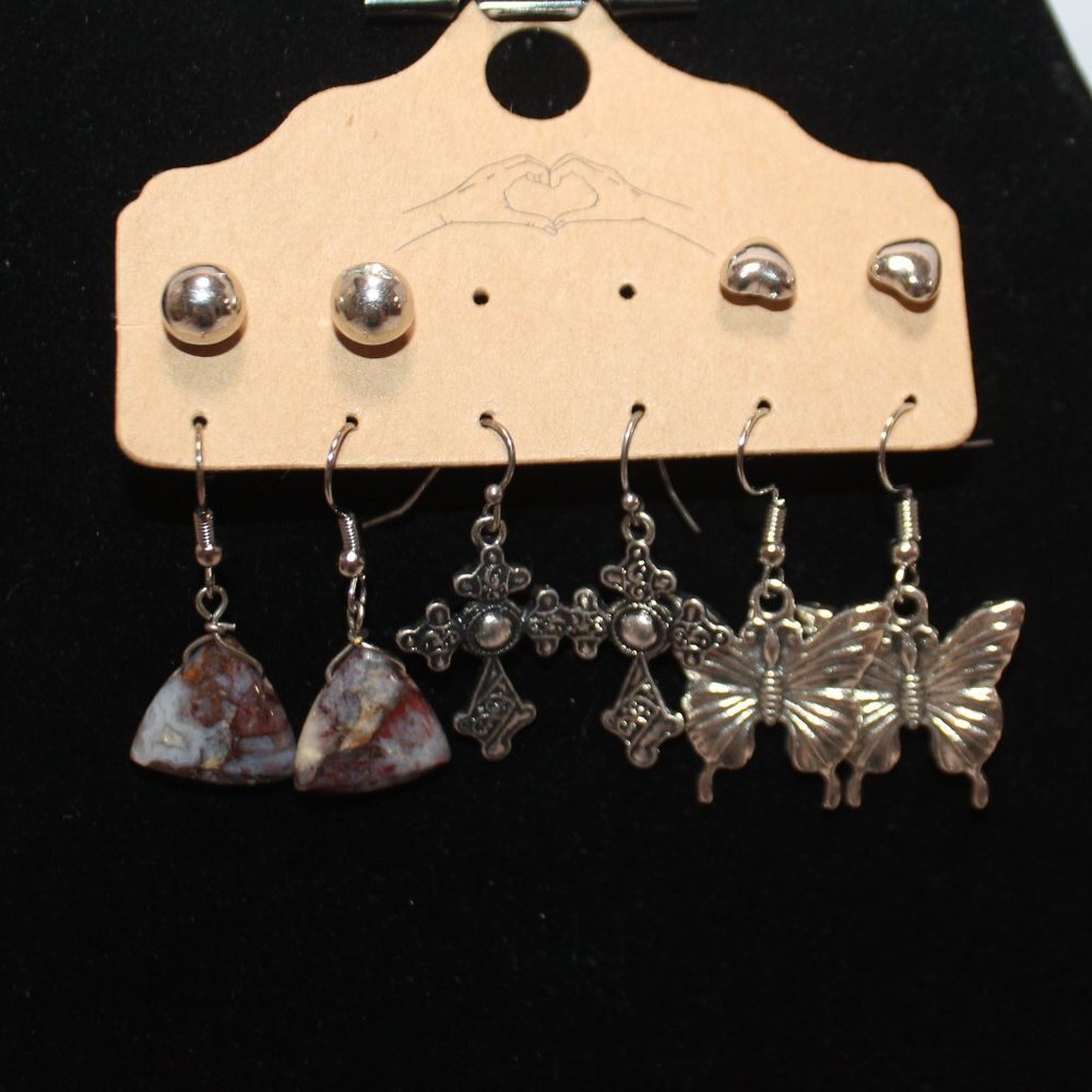 Five Pairs of Silver Earrings, Aggite, Cross, Butterfly and Studs